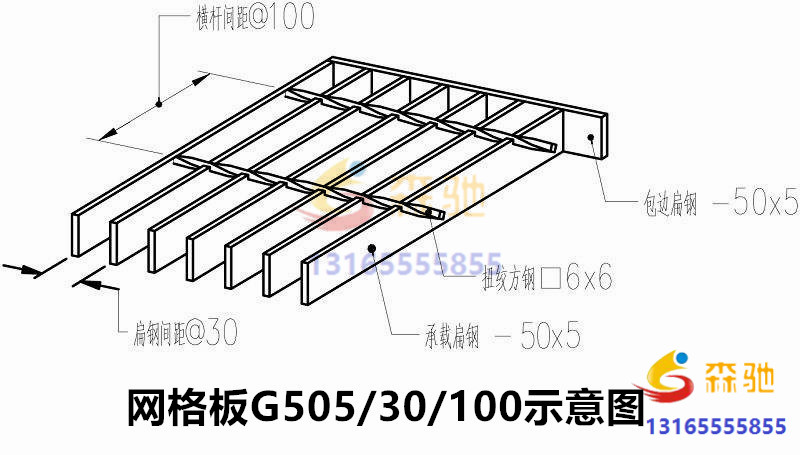 網格板G505/30/100參數示意圖